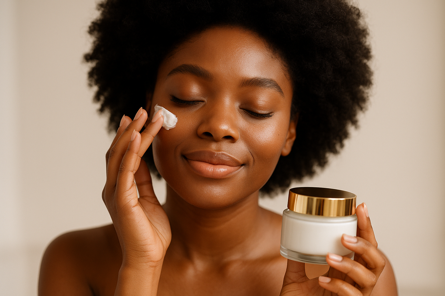 a black woman with afro applying cream in a gold lid and white container